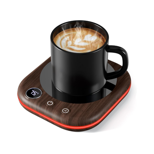 Black mug with steaming coffee on a wooden coaster with digital display