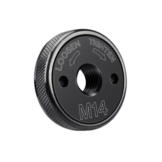 Black threaded component with 'Loosen' and 'Tighten' text and 'M14' marking on a white background