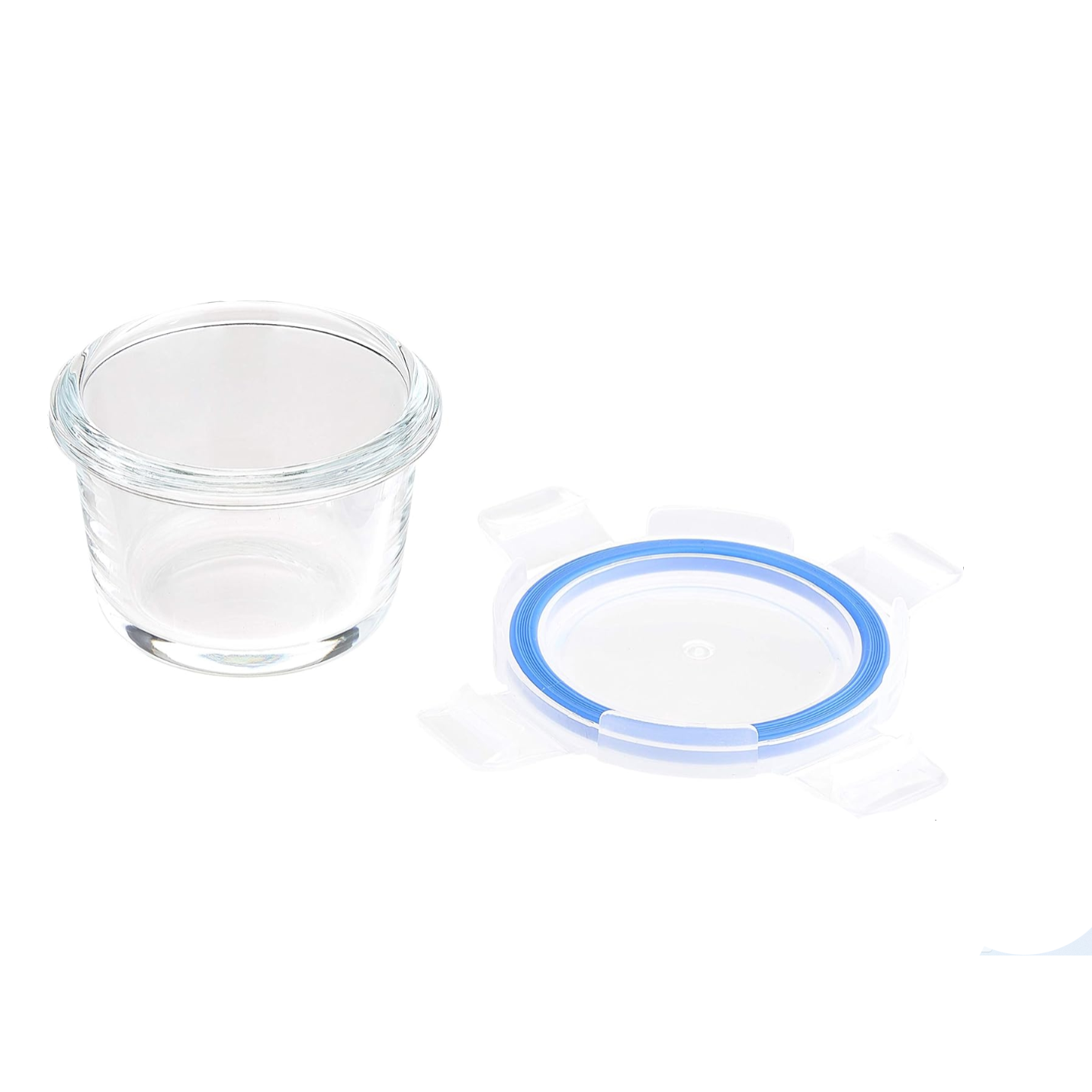 Glass container with a lid on a white background