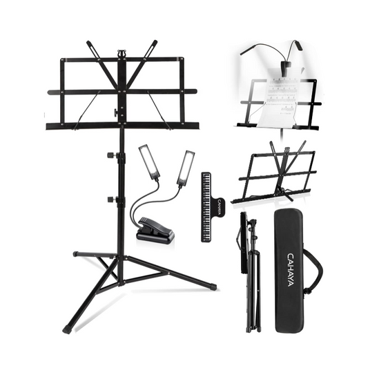 Collection of music stands and accessories on a white background
