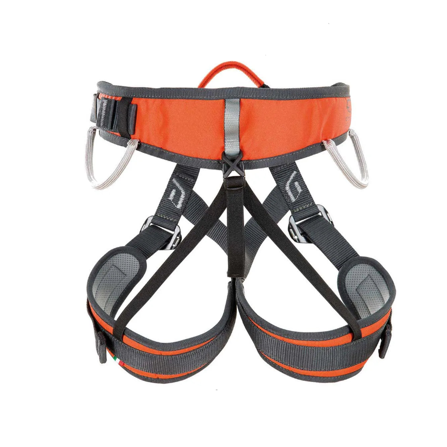Orange and gray climbing harness on a white background