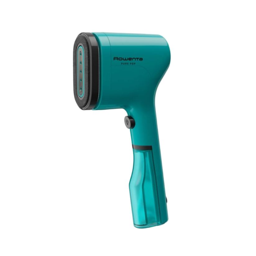 Turquoise handheld steamer with Rowenta branding on a white background
