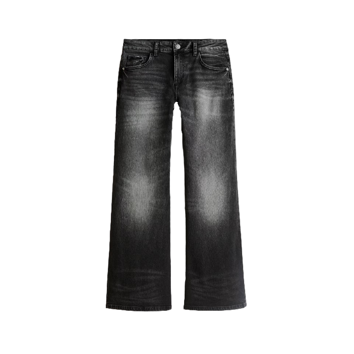 Black wide-leg jeans on a light white background