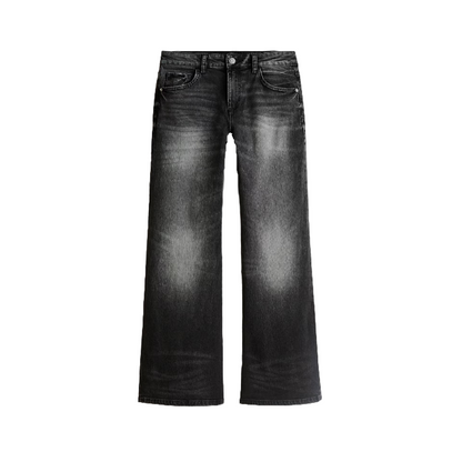 Black wide-leg jeans on a light white background