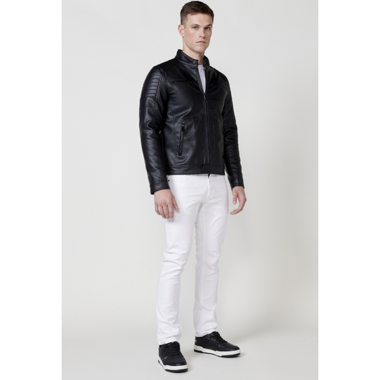Men's KOROSHI Black Faux Leather Motorcycle Jacket with Stand-up Collar