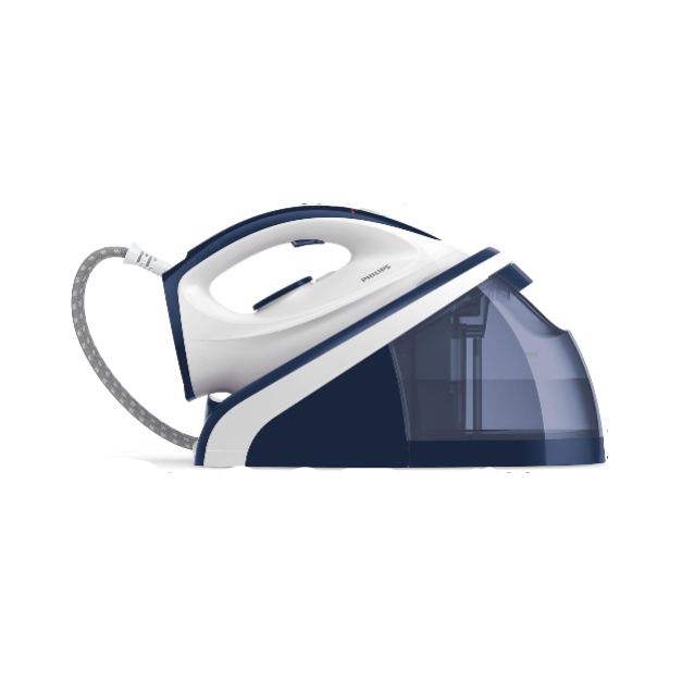 White and blue steam iron on a white background