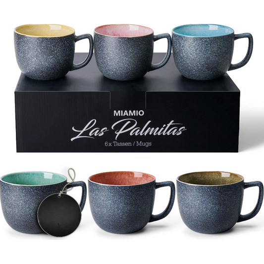 MIAMIO 6-Piece 470ml Ceramic Coffee Mug Set – Colorful Stoneware Las Palmitas Collection