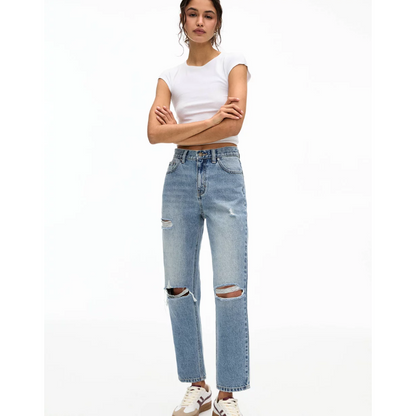 Pull&Bear Women's High Waist Ripped Mom Jeans - Medium Blue Denim Comfort