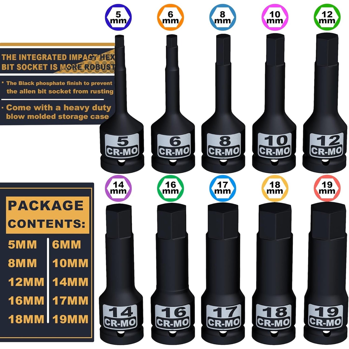 KIRXST 1/2 Inch Impact Hex Bit Socket Set 10 Metric Sizes