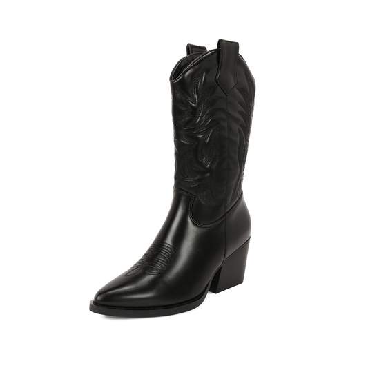 Sleek All-Black Western Cowboy Boots with 7.6 CM Stacked Heel