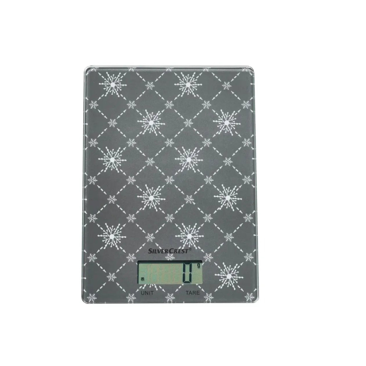 Digital kitchen scale with snowflake pattern on a white background