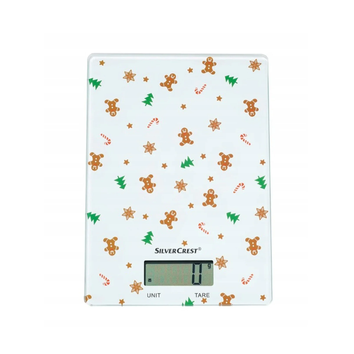 Digital kitchen scale with festive gingerbread man and star pattern on a white background