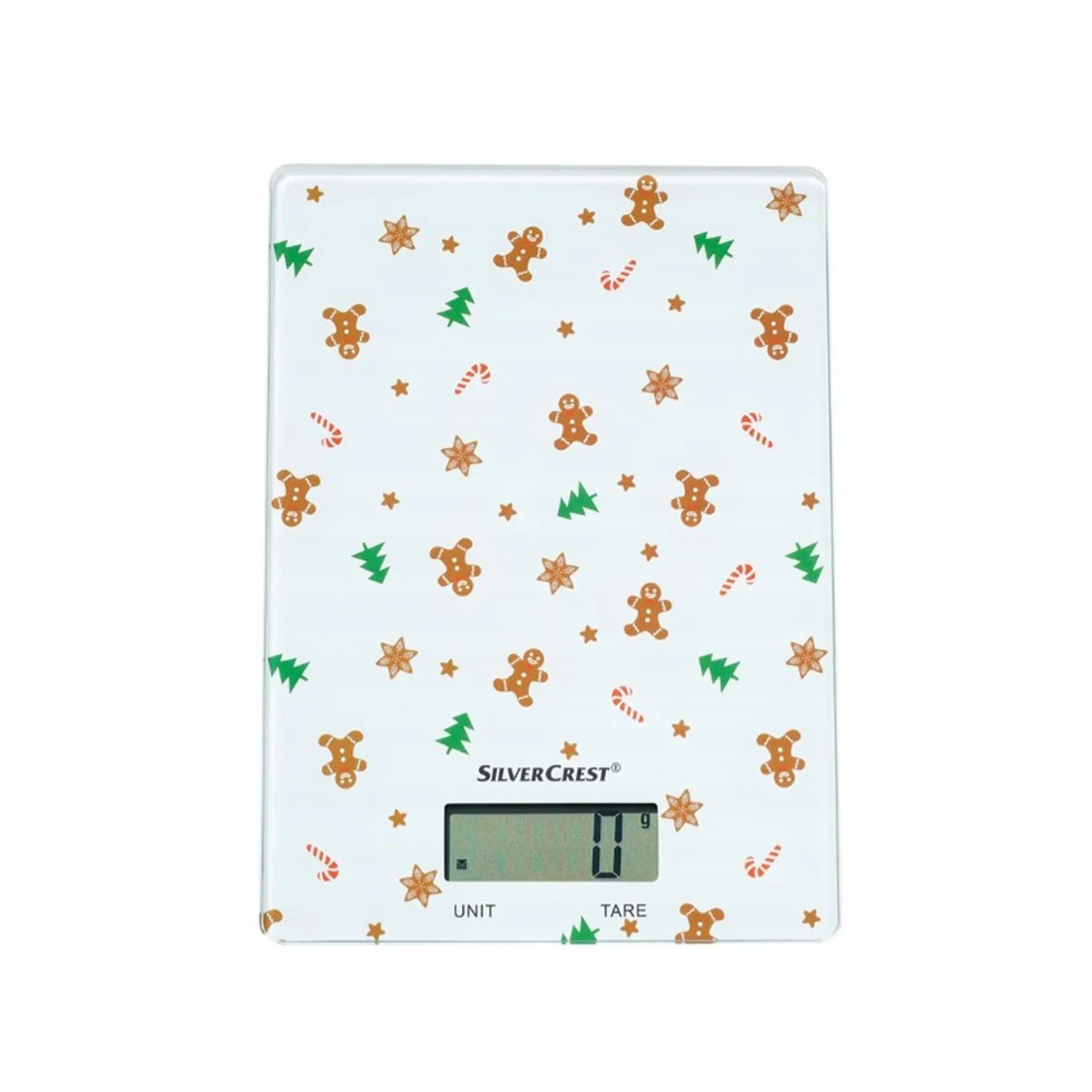 Digital kitchen scale with festive gingerbread man and star pattern on a white background