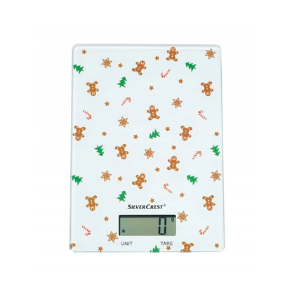 Digital kitchen scale with festive gingerbread man and star pattern on a white background