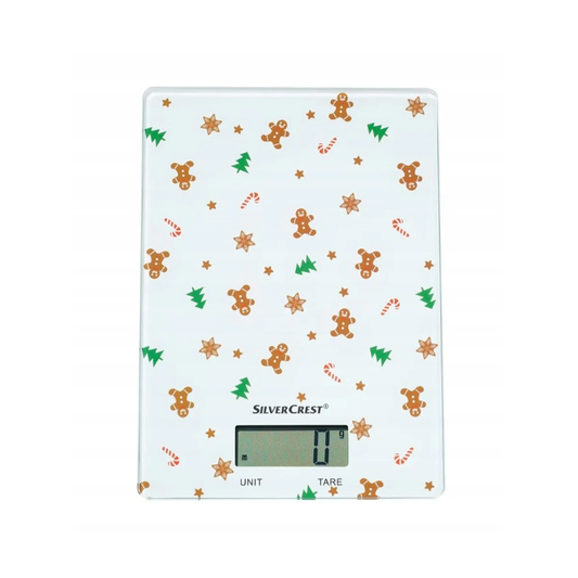 Digital kitchen scale with festive gingerbread man and star pattern on a white background