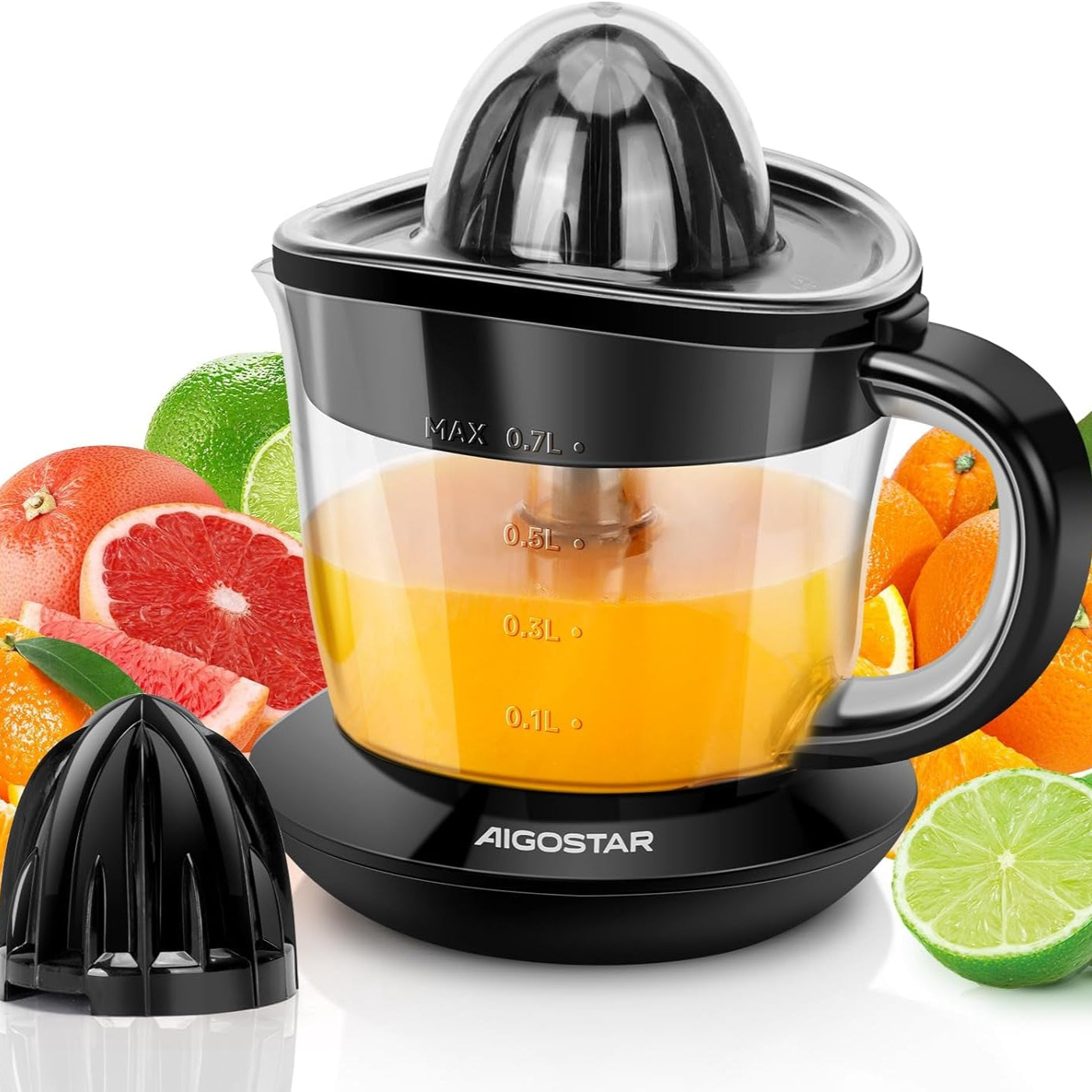 Aigostar 40W Electric Citrus Juicer: Dual Cones, BPA-Free, 0.7L Capacity