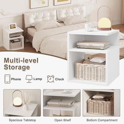 EUGAD White Wooden Bedside Table with Open Compartments