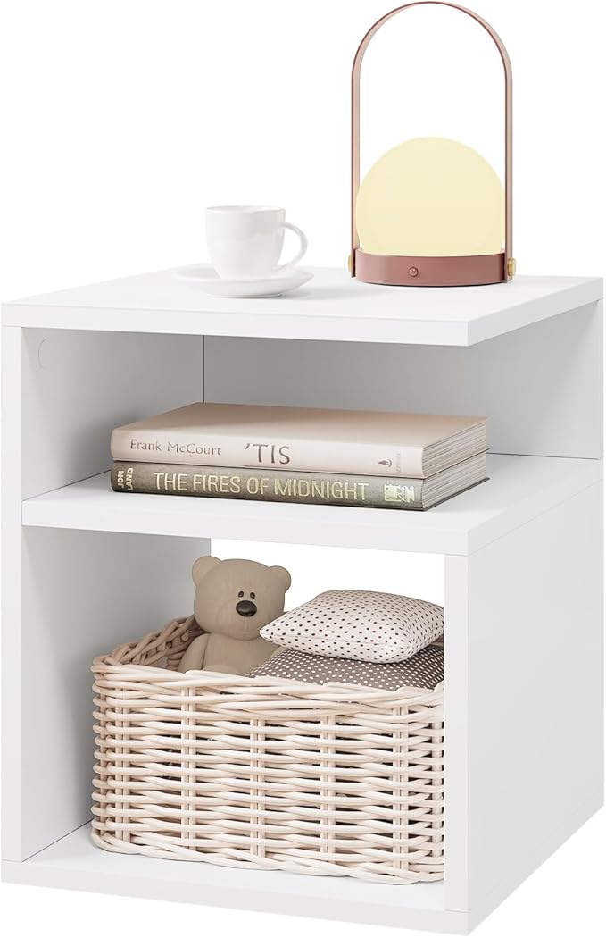 EUGAD White Wooden Bedside Table with Open Compartments