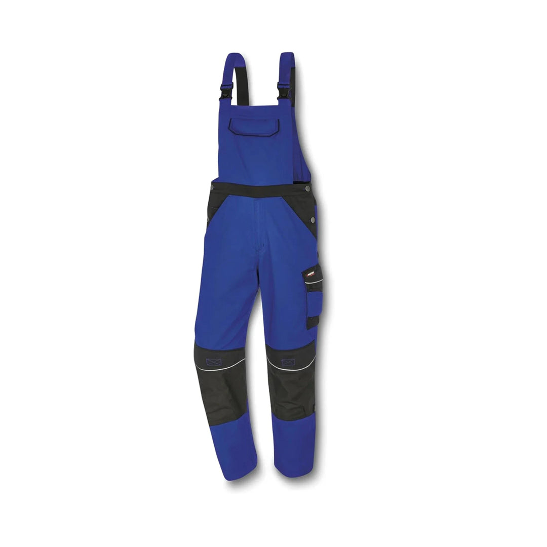 Blue bib overalls with black accents on a white background