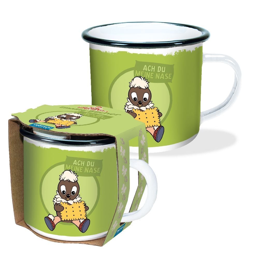Durable Sandman Enamel Mug: 'Oh, My Nose' Design, 10oz, Kid-Friendly Camping Cup