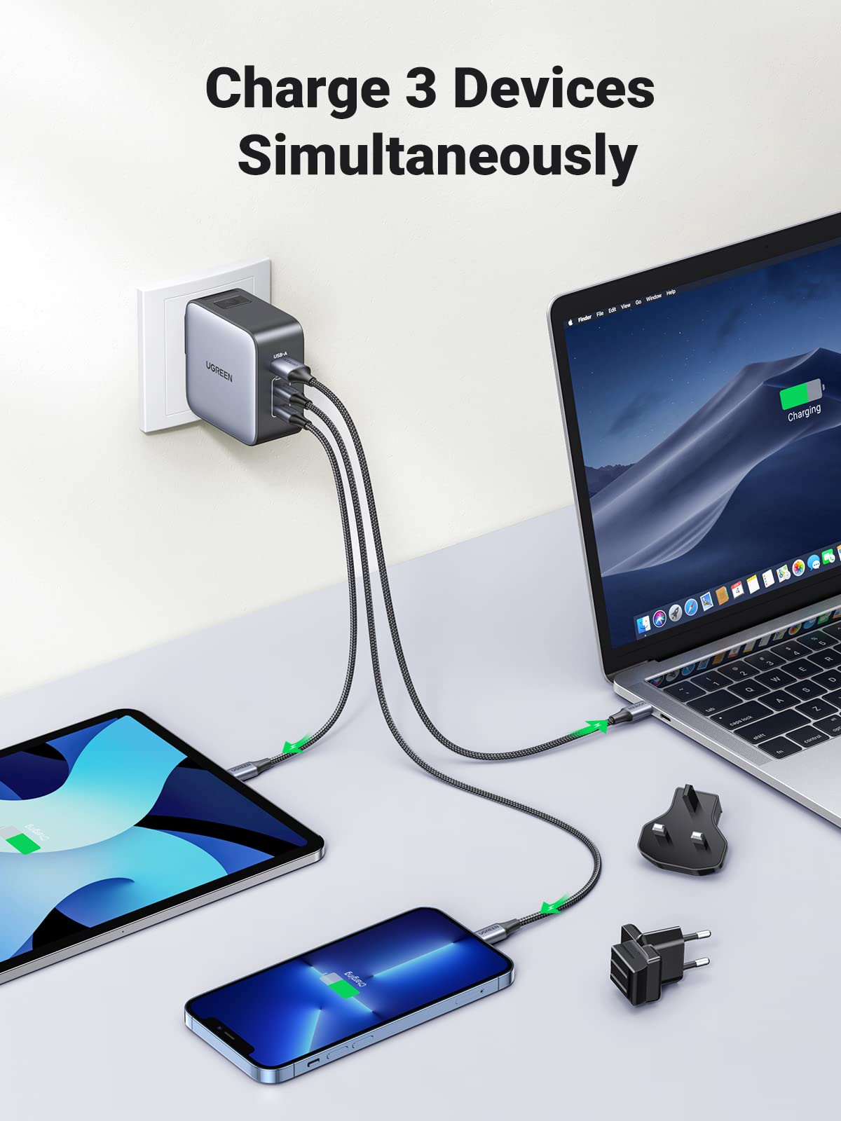 UGREEN Nexode 65W 3-Port GaN Travel Charger with US/UK/EU Plugs