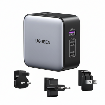 UGREEN Nexode 65W 3-Port GaN Travel Charger with US/UK/EU Plugs