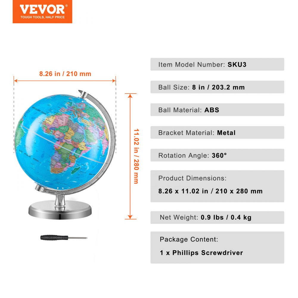 VEVOR 8-inch Educational Rotating World Globe with Stand & Time Zone Dial