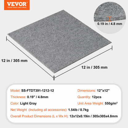 VEVOR Carpet Tiles Peel and Stick 12" x 12" Light Gray (12 Tiles)