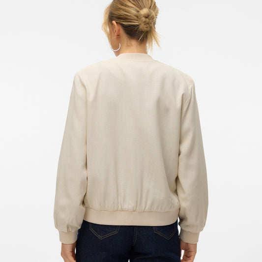 Chic High-Neck Bomber Jacket with Elastic Cuffs - Viscose Linen Blend