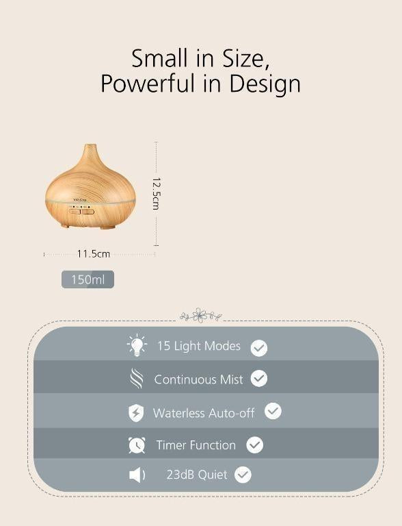 VicTsing HM057B Ultrasonic Oil Diffuser 150ml Wood Grain