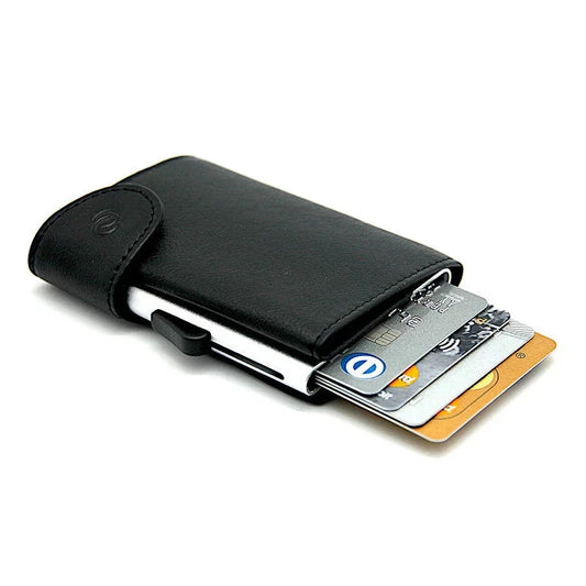 C‑Secure Black Faux Leather RFID Card Holder with Slide Mechanism