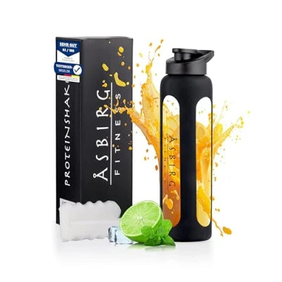 Asbirg Fitness Glass Protein Shaker Bottle, 1-Liter, Black, with Mixing Ball