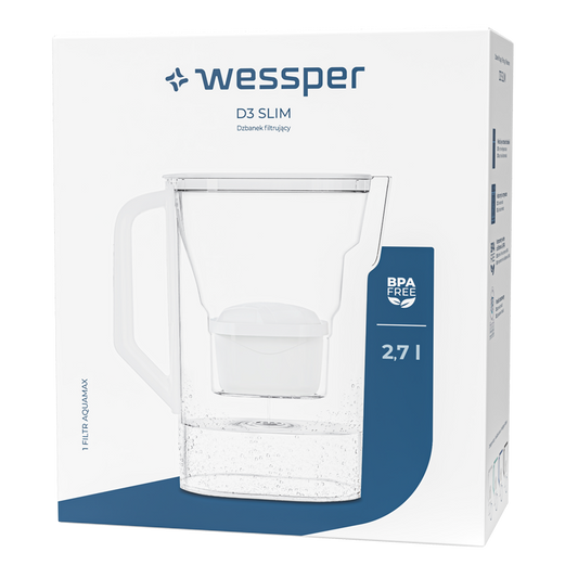 Wessper D3 Slim Aquamax Water Filter Pitcher - BPA-Free, White, Refrigerator Friendly