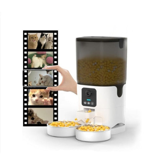 Pet food dispenser with bowls and images of pets on a white background