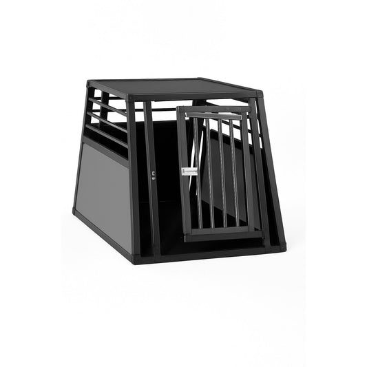 Black metal pet crate on a white background