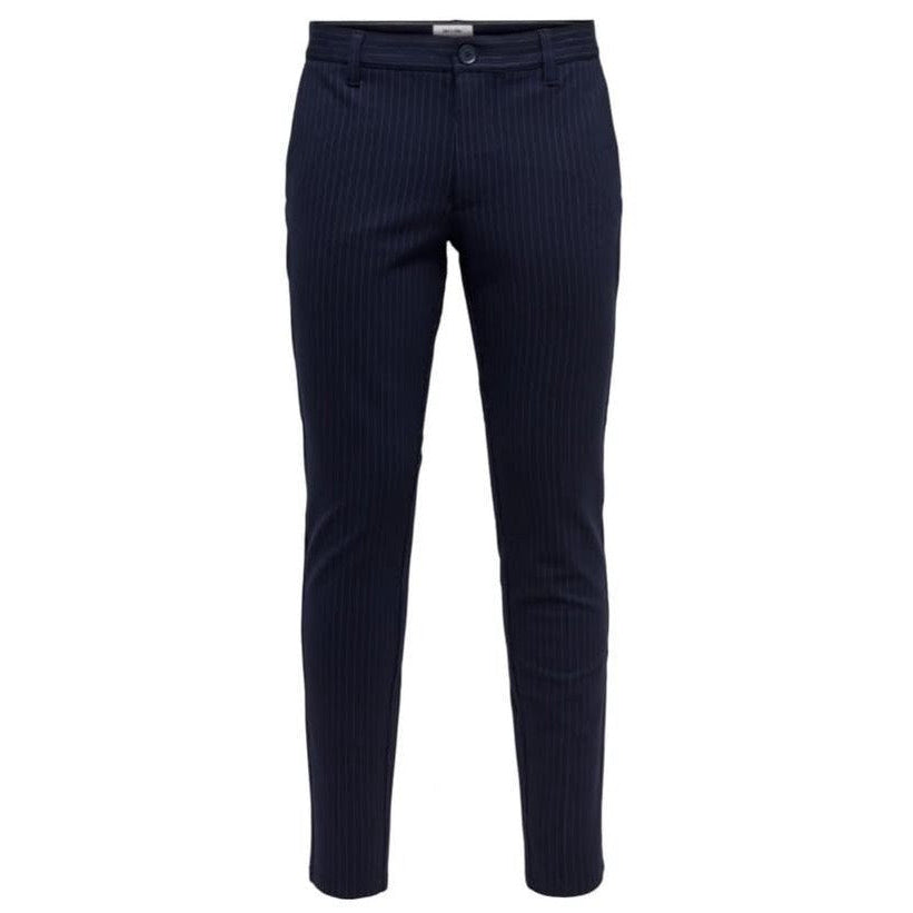 Navy pinstripe pants on a white background