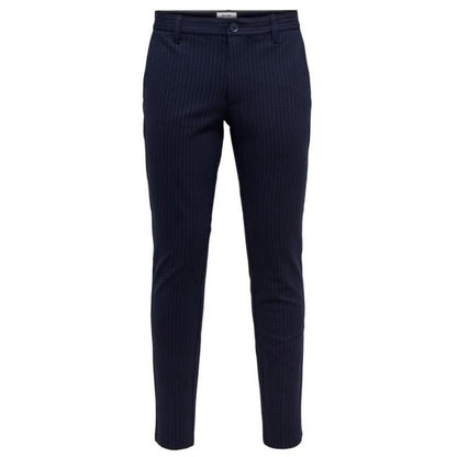 Navy pinstripe pants on a white background