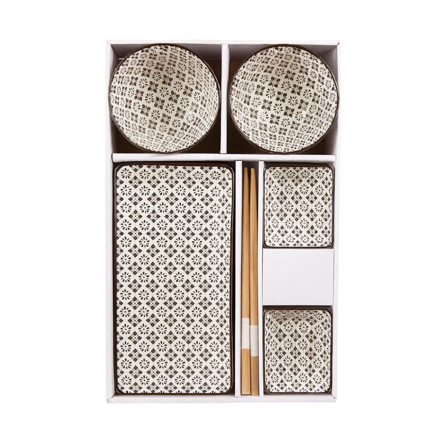Set of patterned bowls and chopsticks in a box