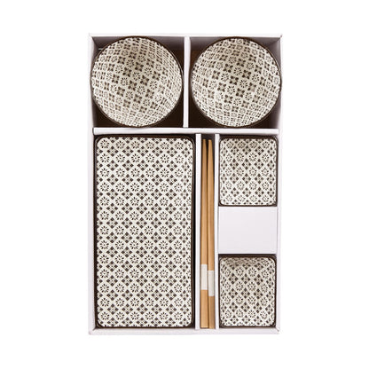 Set of patterned bowls and chopsticks in a box