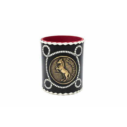 Vintage Leather Cup Holder with Brass Horse Emblem – Elegant Drinkware Accessory Set of 6