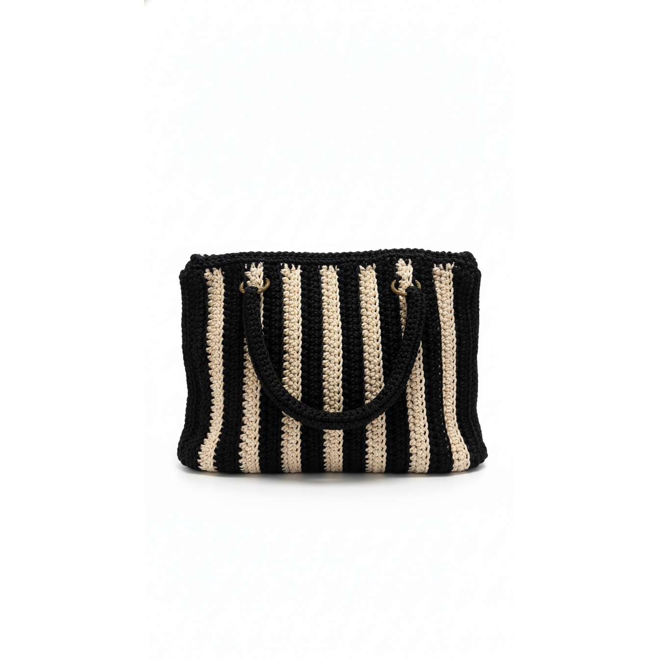 Handmade Crochet Tote Bag – Black & Beige Vertical Stripes