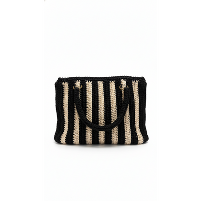 Handmade Crochet Tote Bag – Black & Beige Vertical Stripes