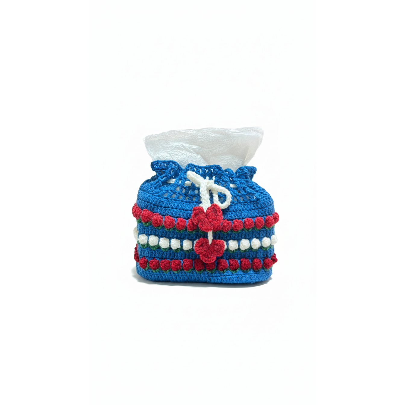 Handmade Crochet Tissue Box Cover – Blue Floral Stripe Design