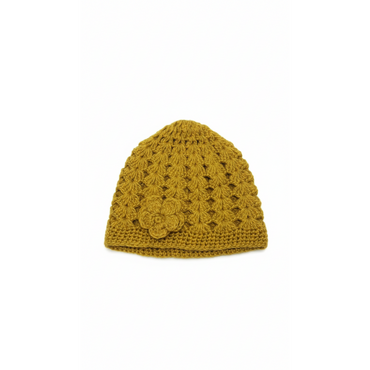 Handmade Crochet Beanie Hat with Flower Detail – Mustard Yellow