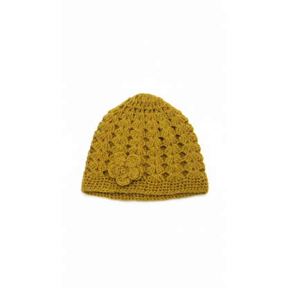 Handmade Crochet Beanie Hat with Flower Detail – Mustard Yellow