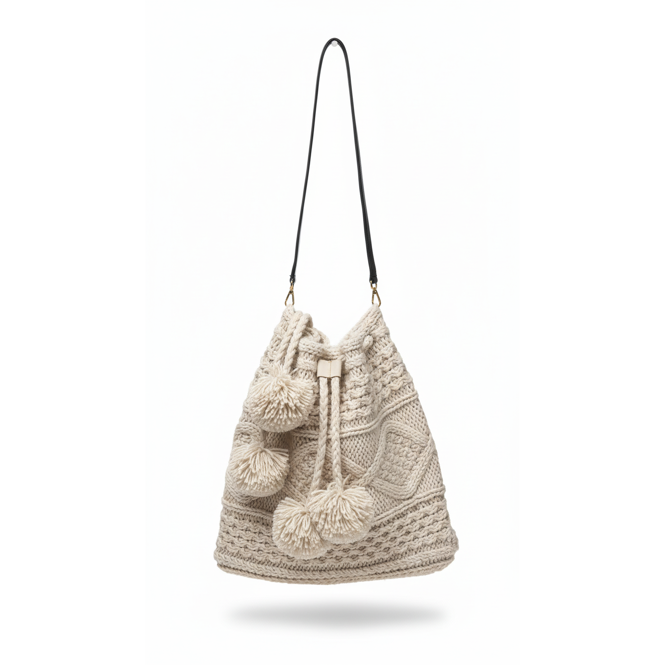 Handmade Crochet Bag with Pom-Poms – Natural Beige