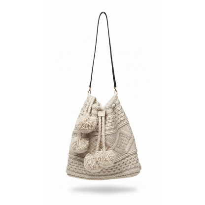 Handmade Crochet Bag with Pom-Poms – Natural Beige