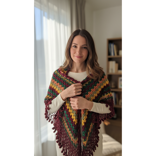 Handmade Crochet Chevron Shawl with Fringe – Autumn Multicolor