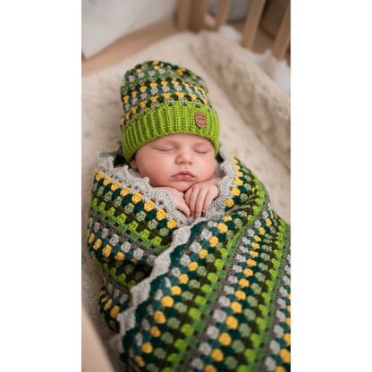 Handmade Crochet Baby Hat & Blanket Set – Green Multicolor