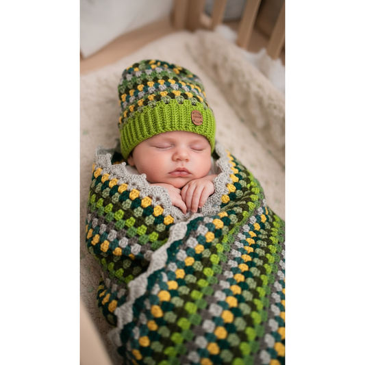 Handmade Crochet Baby Hat & Blanket Set – Green Multicolor
